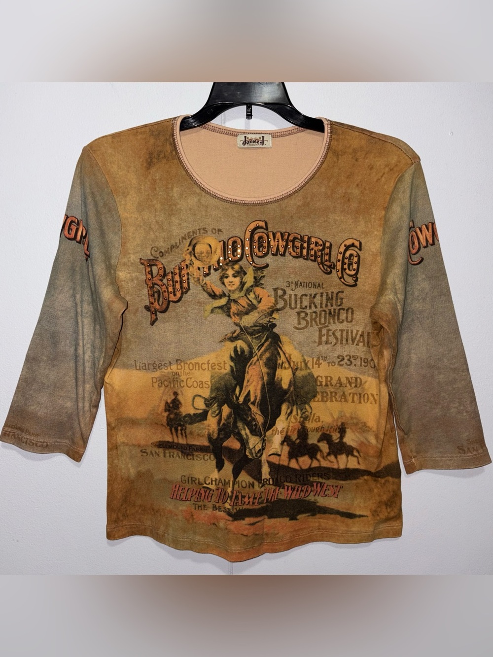 Jamee J Medium Western Cowgirl Rodeo Rhinestone 3/4 Sleeve Graphic Top Y2K